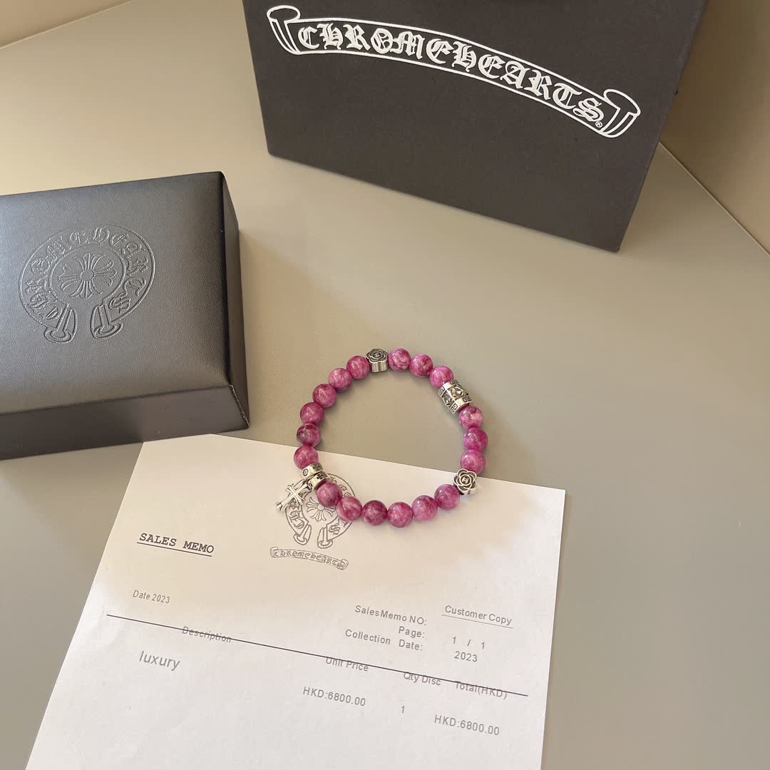 Chrome Hearts Purple Gemstone Bracelet with Silver Cross and Flower Charms